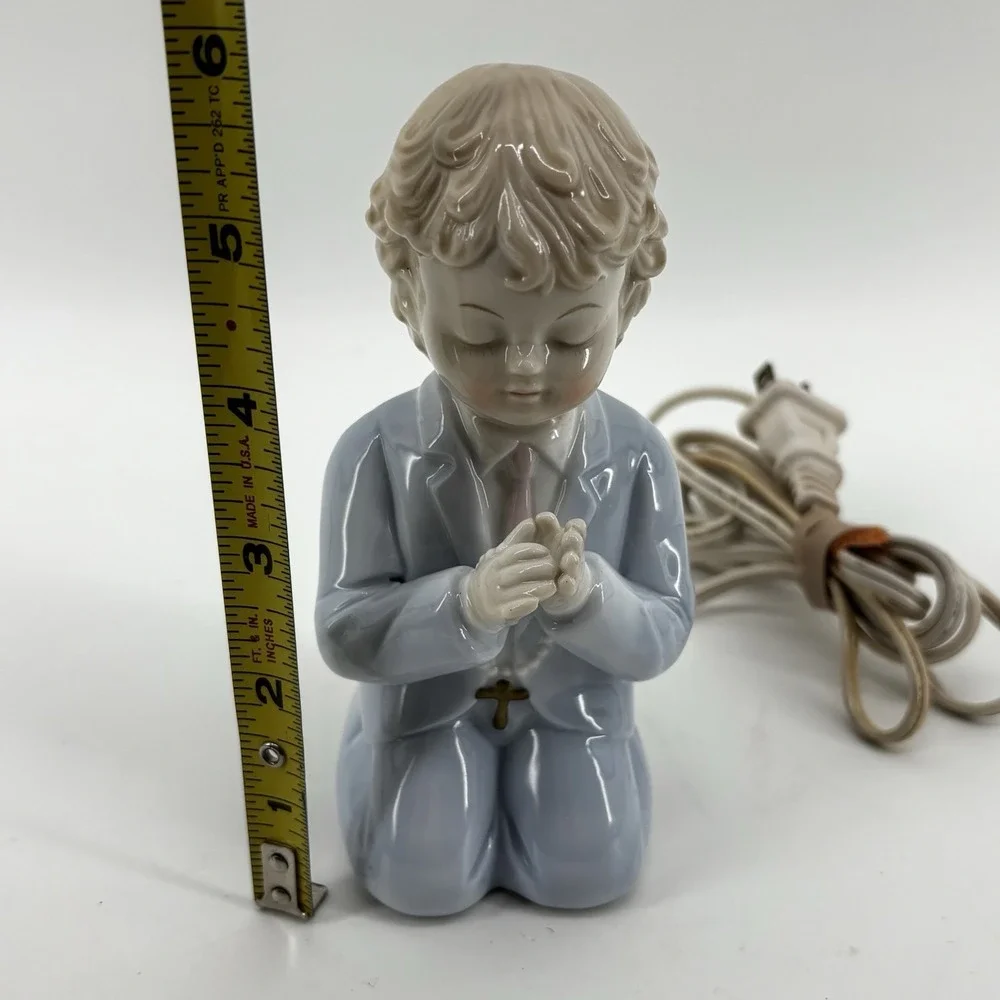 Vintage Nursery Night Light Bisque Porcelain Lamp Boy Praying Rosary
